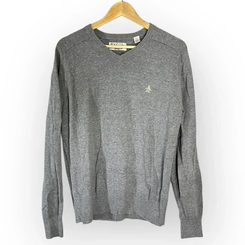 Original Penguin Pullover Sweater Men's Medium Gray V-Neck Long Sleeve Ribbed